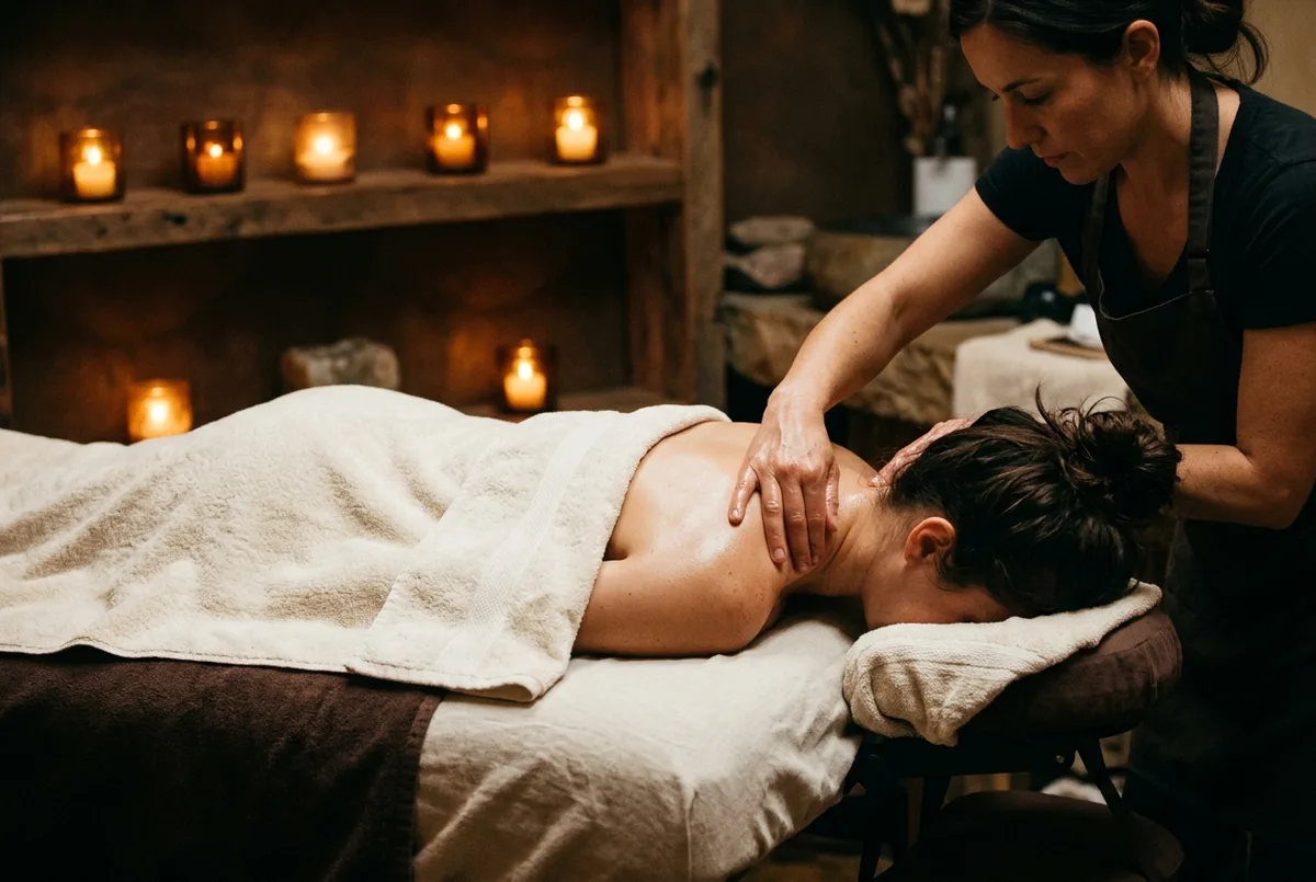 A massage on the shoulders under a towel, candles glowing on the shelves behind