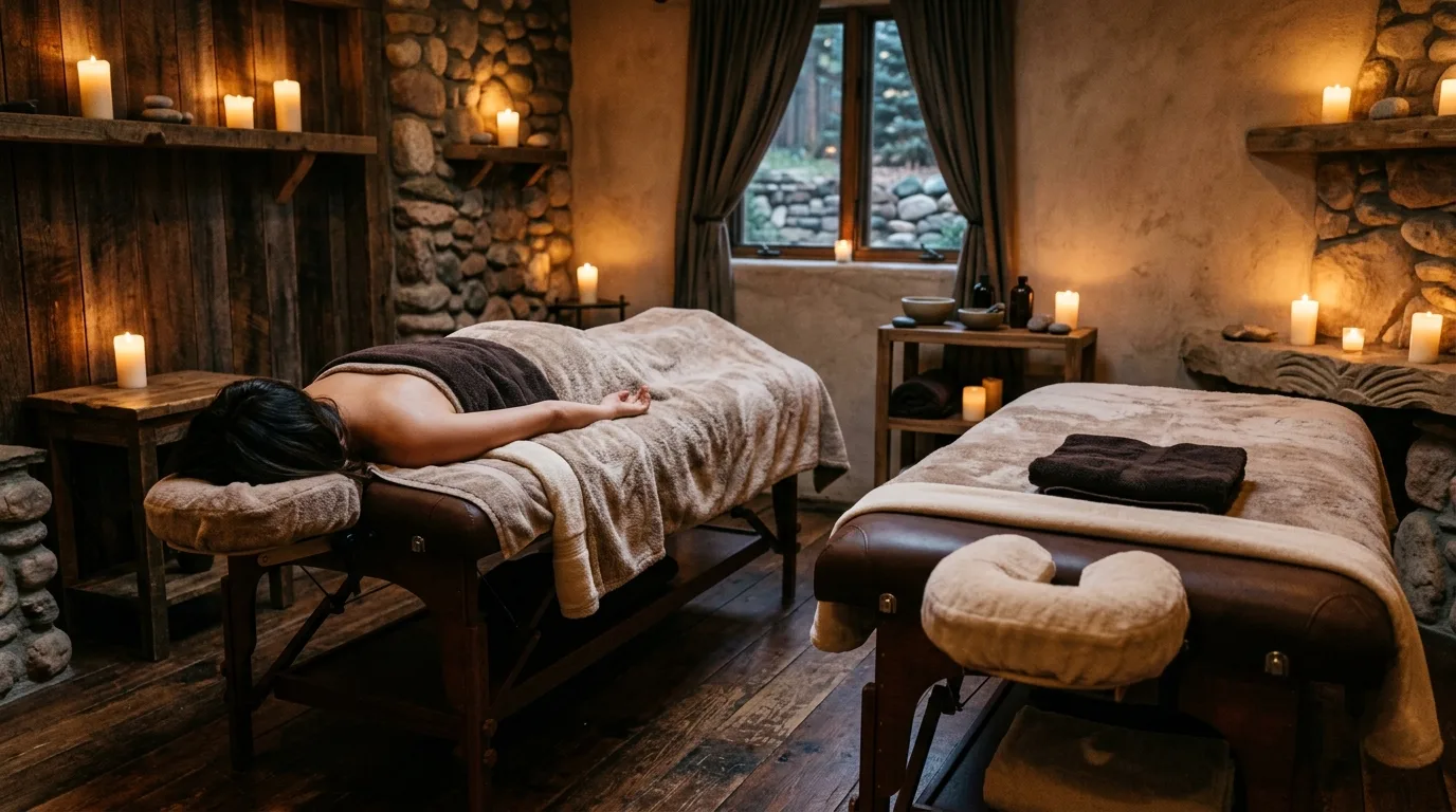 A couples treatment room with two tables side by side and candles along the walls