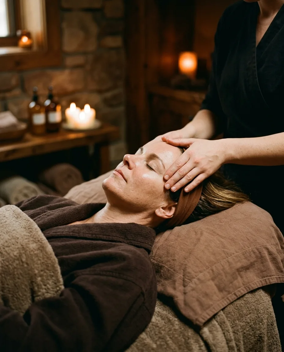 A facial in soft warm light, hands resting at the temples
