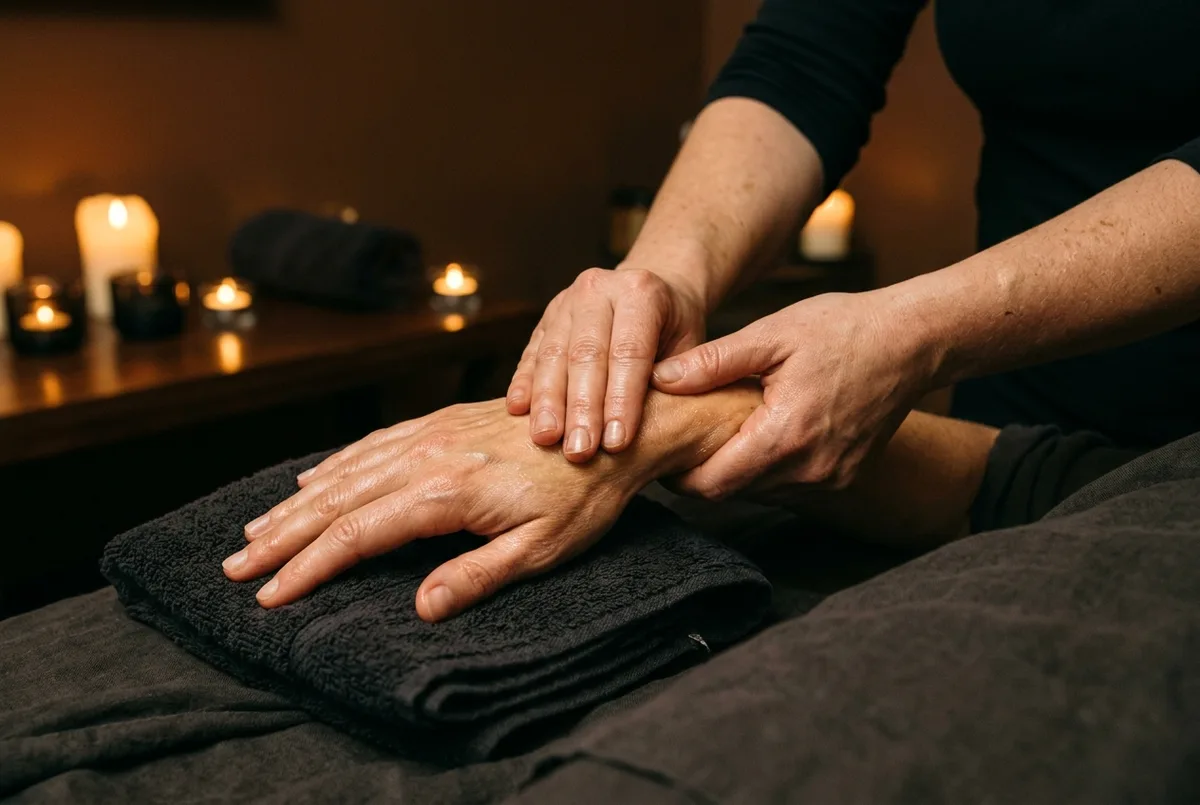 Hands working oil into a wrist and forearm resting on a dark towel, candlelight behind