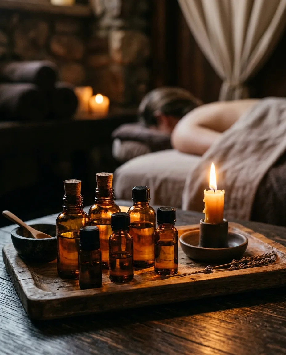 Small amber glass bottles of massage oil on a wooden tray beside a lit candle