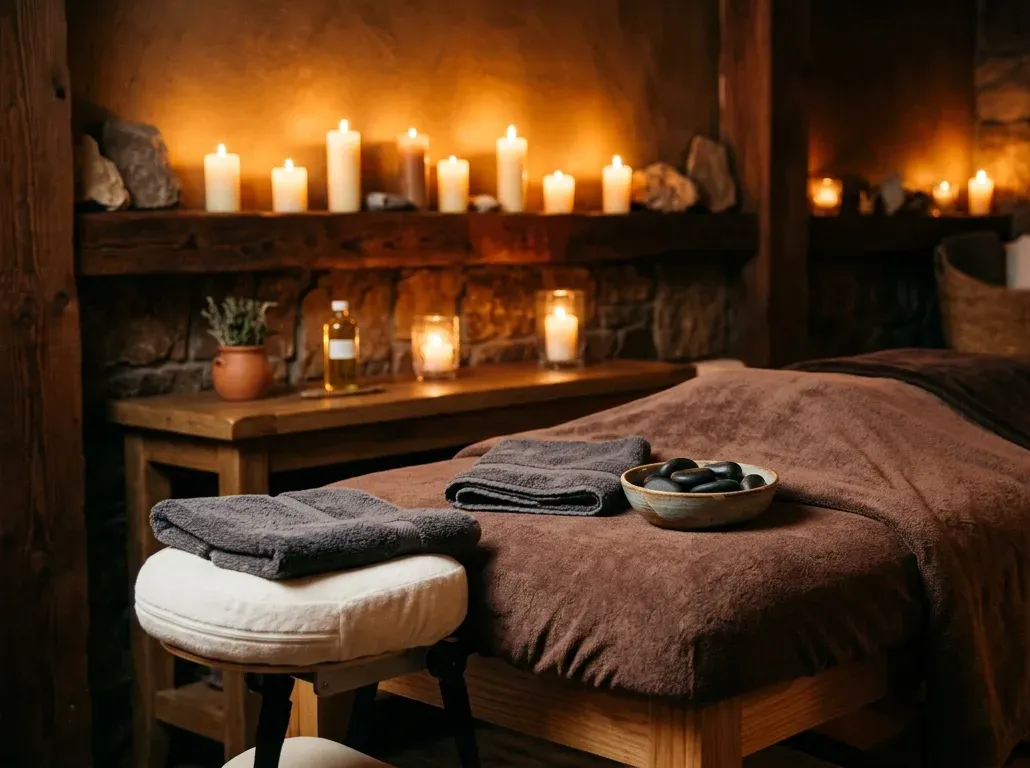 The treatment room with every candle lit, warm amber light on the stone wall