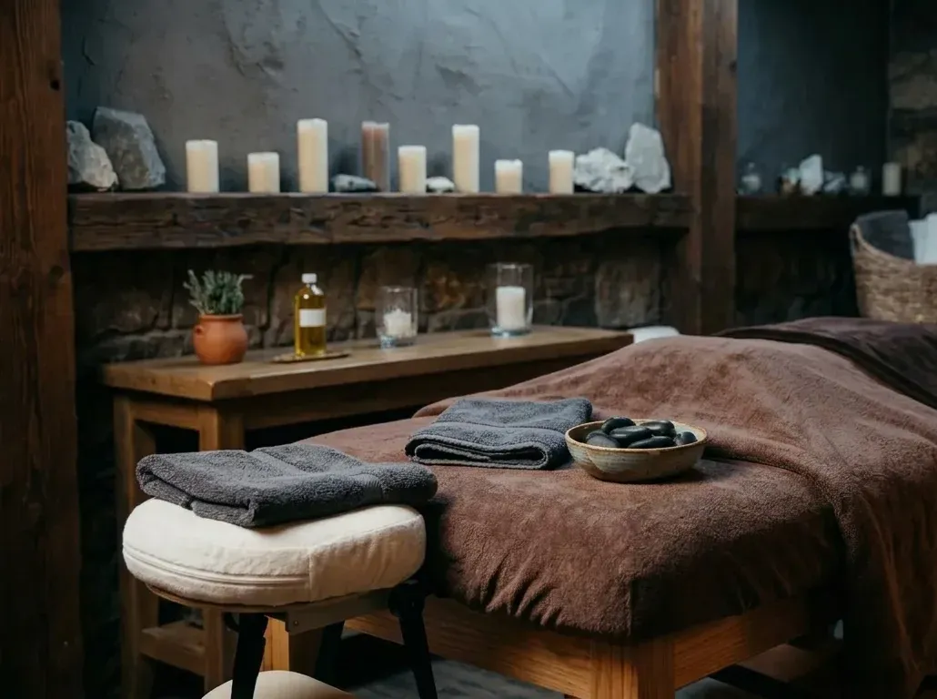 The same treatment room with the candles unlit, in dim cool light