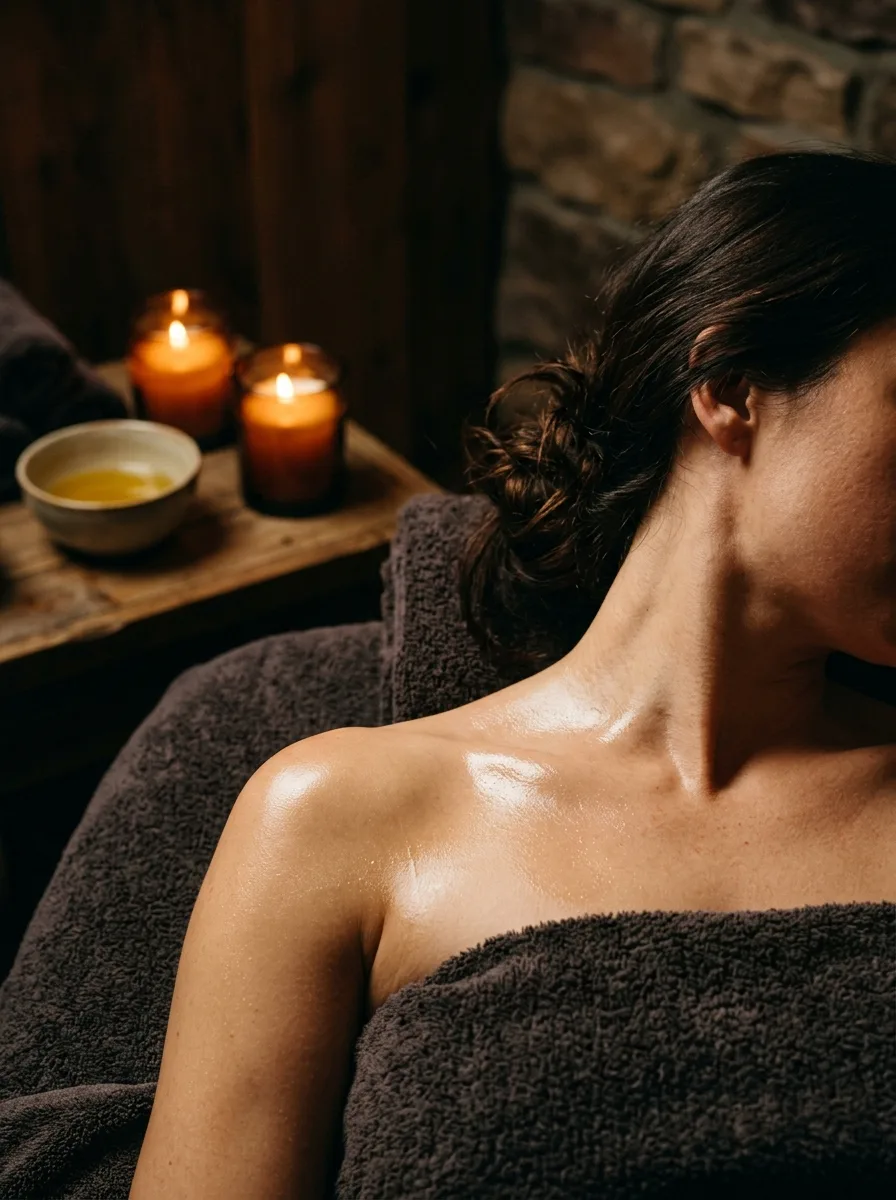 A shoulder and collarbone with a sheen of oil in warm candlelight
