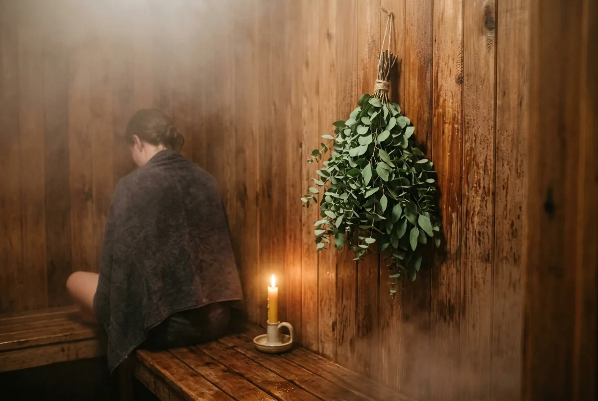 A cedar-lined steam room filled with soft steam, a bundle of eucalyptus hanging beside a candle