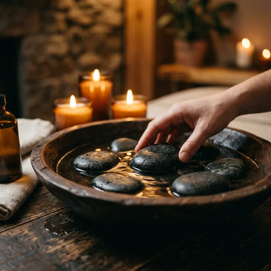 Smooth dark basalt stones in a shallow bowl of water, candlelight on them