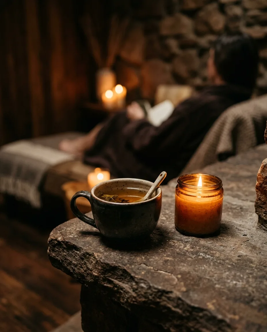A ceramic cup of herbal tea on a stone ledge beside a small candle