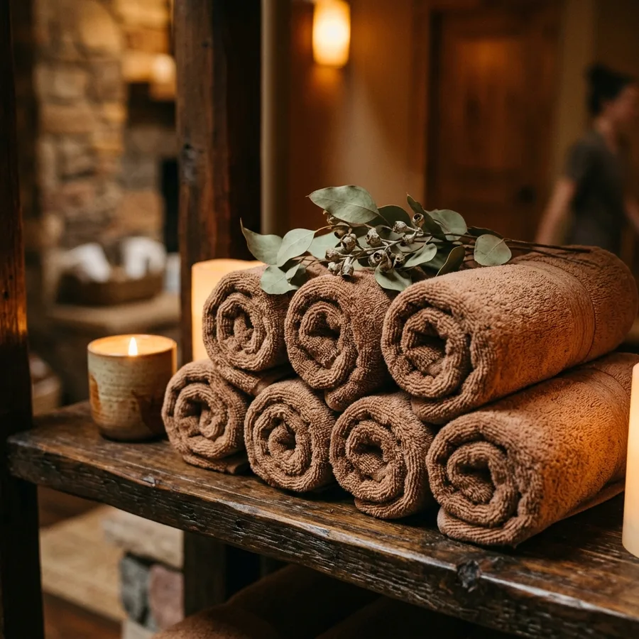 Rolled brown towels stacked on a dark wooden shelf with a sprig of eucalyptus